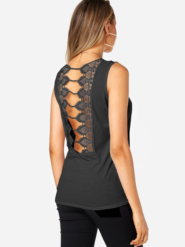 Round Neck Lace Cut Out Sleeveless Tank Top