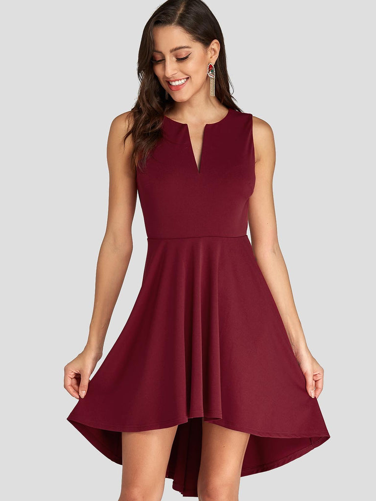 Burgundy V-Neck Sleeveless Plain Pleated High-Low Hem Dresses