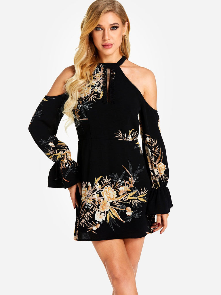 Black Cold Shoulder Long Sleeve Floral Print Mini Dress