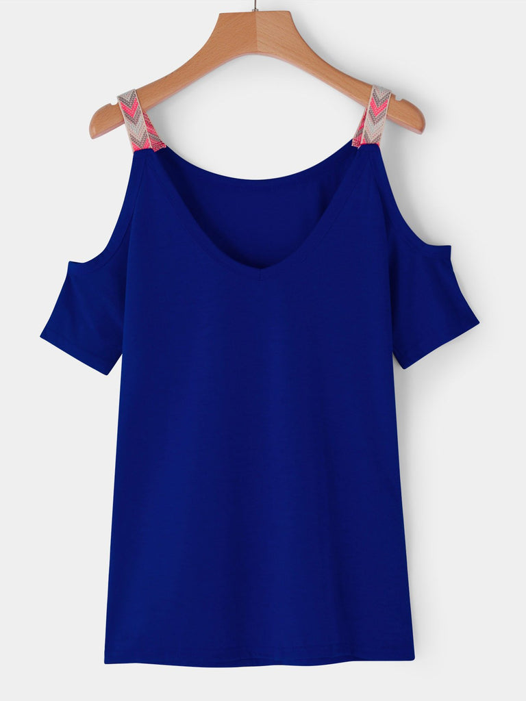 Cold Shoulder Deep V Neck Cut Out Short Sleeve Blue T-Shirts