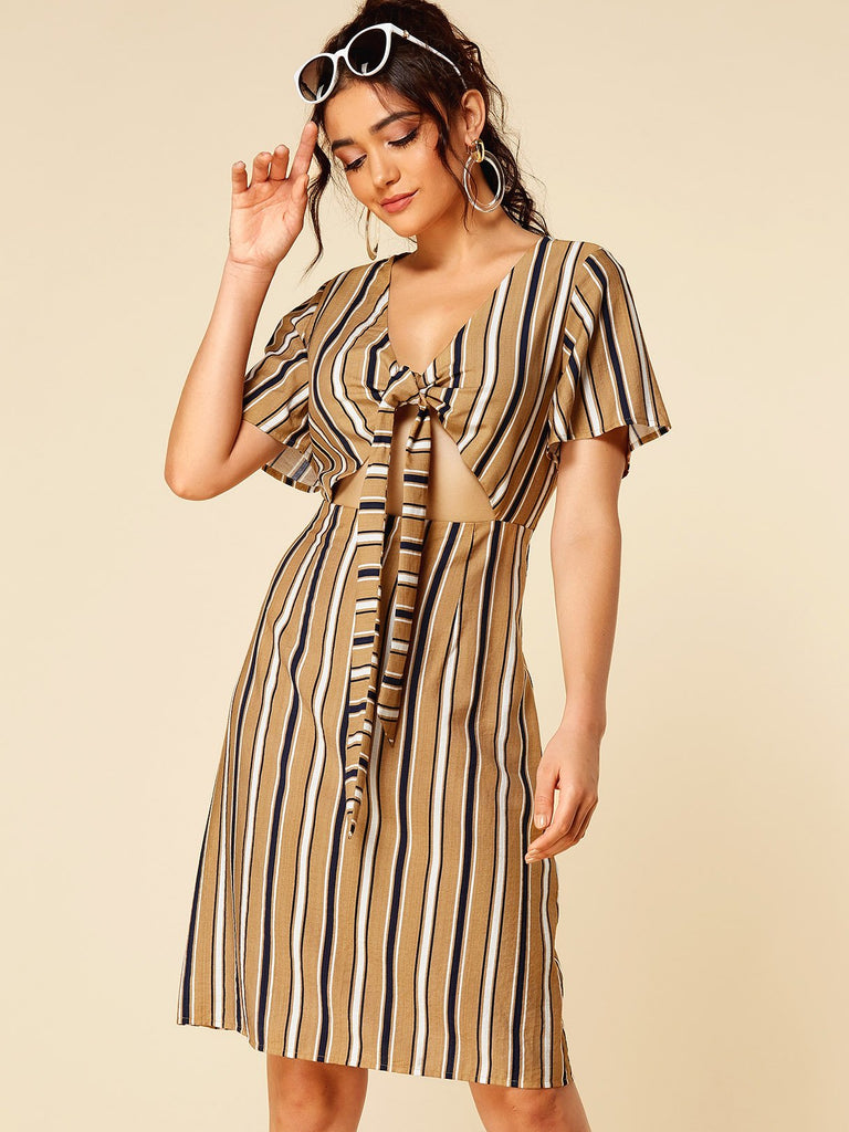 Camel V-Neck Short Sleeve Stripe Cut Out Self-Tie Midi Dresses