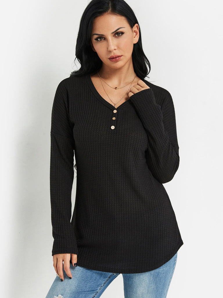 Single Breasted Design V-Neck Knitted T-Shirt