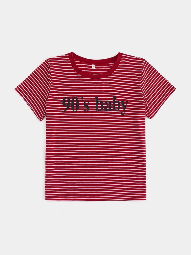 Round Neck Stripe Letter Short Sleeve Red T-Shirts