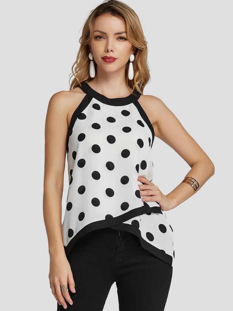 Halter Polka Dot Tiered Sleeveless White Tank Top