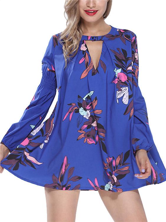 Crew Neck Long Sleeve Floral Print Cut Out Shirt Dress