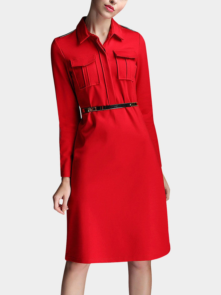 Red A-Line Shirt Dress With Belt