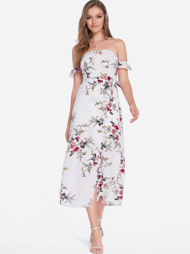 White Off The Shoulder Short Sleeve Floral Print Lace-Up Slit Hem Dresses