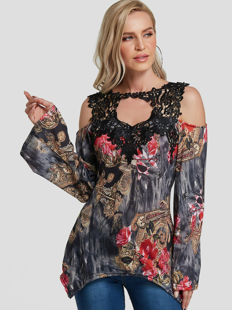 Cold Shoulder Floral Print Lace Cut Out Long Sleeve Black T-Shirts