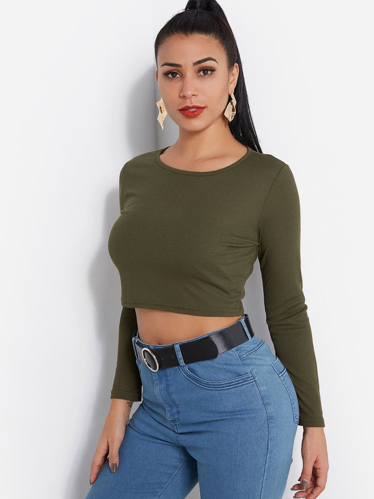 Crew Neck Plain Long Sleeve Fashion Tee