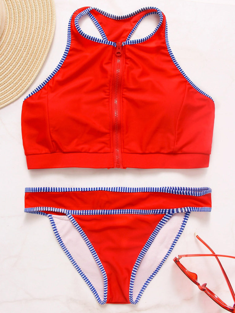 Red Halter Sleeveless Stripe Zip Back Two Piece Bikinis