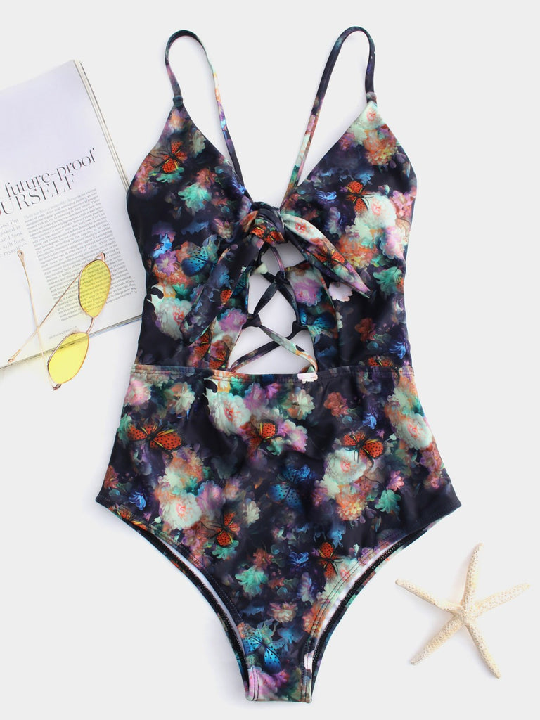 V-Neck Floral Print Cut Out Criss-Cross Tie-Up Sleeveless Bikinis