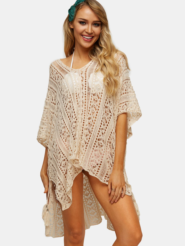 Beige Deep V-Neck Tassel Hollow Lace-Up Slit Hem Beachwear