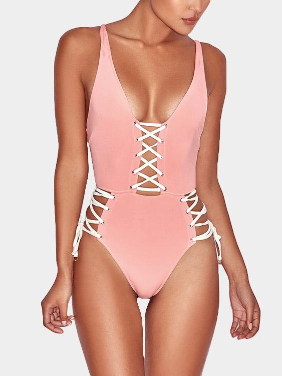 V-Neck Sleeveless Backless Lace-Up One-Pieces Swimwears