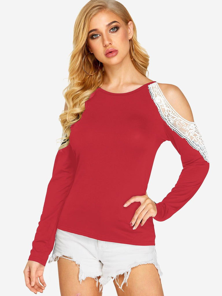 Round Neck Cold Shoulder Lace Long Sleeve Red T-Shirts