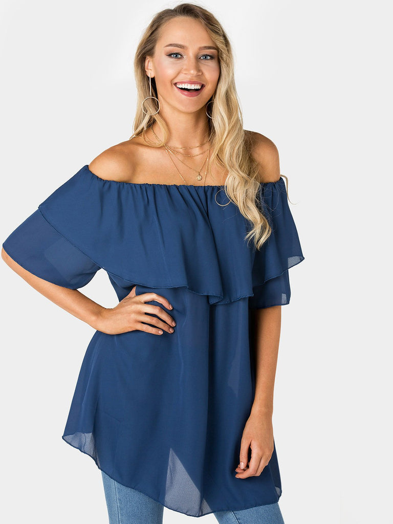 Off The Shoulder Tiered Half Sleeve Navy Top