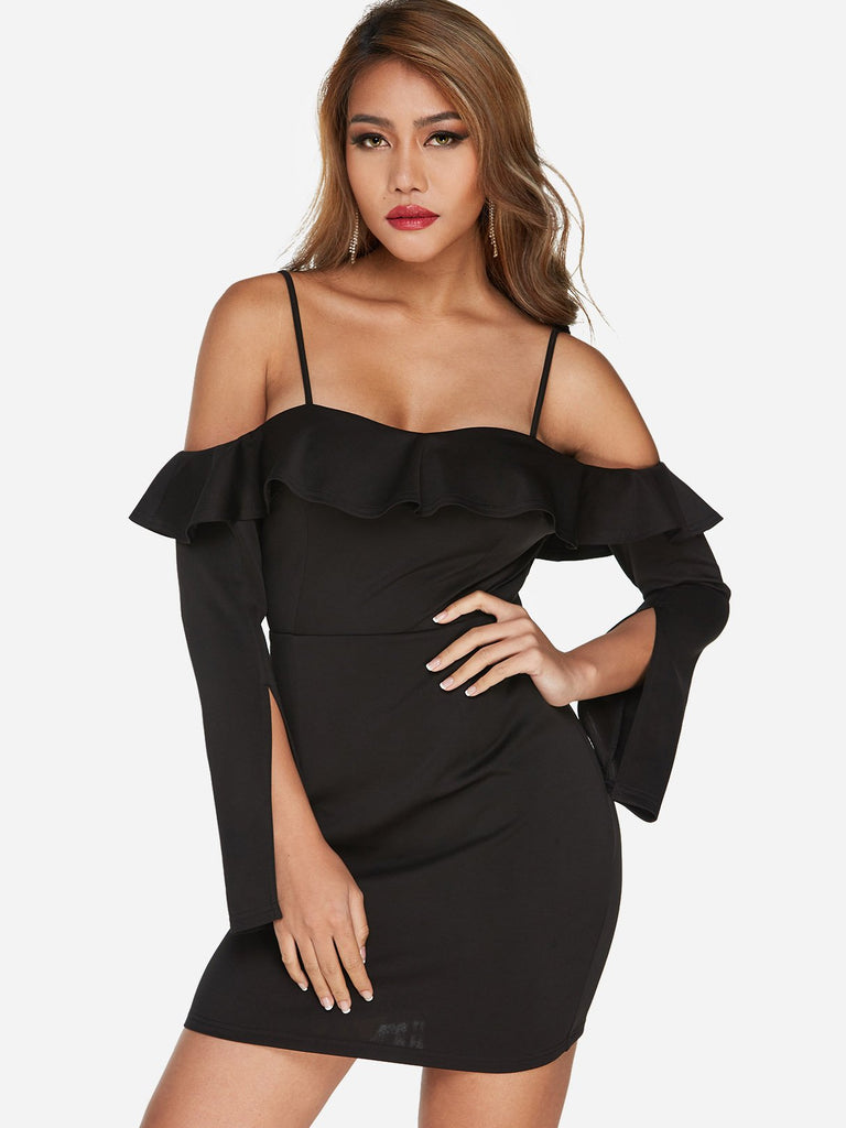 Black Frill Neck Cold Shoulder Long Sleeve Plain Backless Dresses