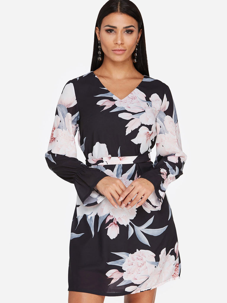 V-Neck Long Sleeve Floral Print Self-Tie Partially Lined Mini Dresses