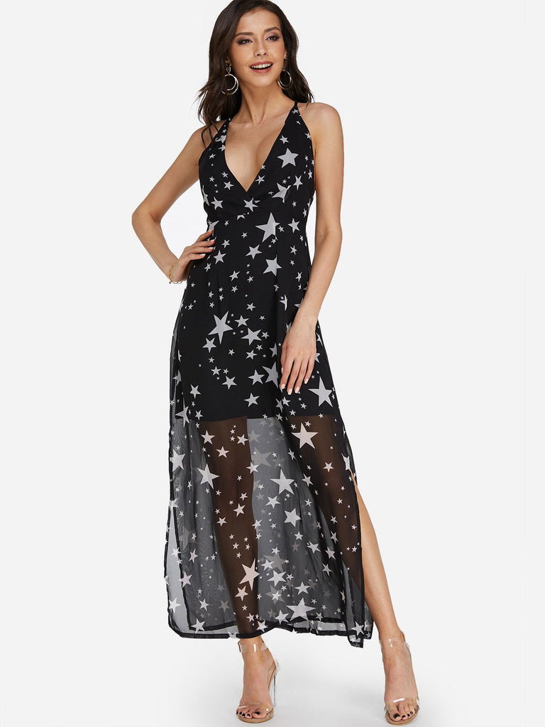 Black Halter V-Neck Sleeveless Star Backless Criss-Cross Slit Hem Dresses