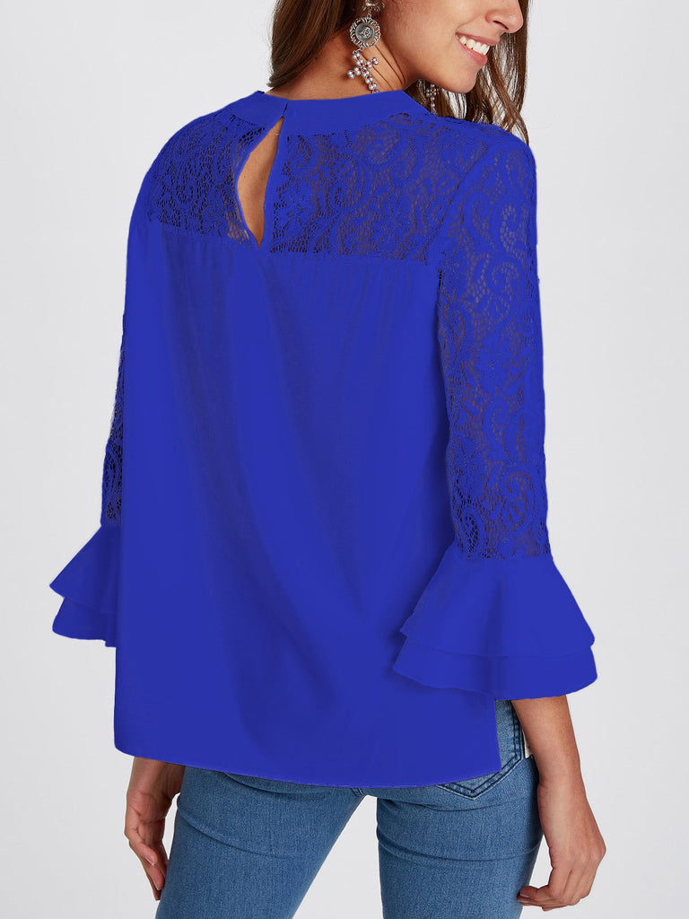 Crew Neck Lace 3/4 Sleeve Slit Hem Top