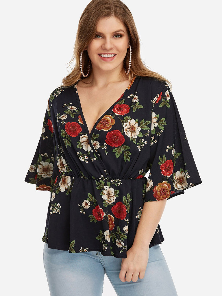 V-Neck Floral Print Half Sleeve Flounced Hem Black Plus Size Tops