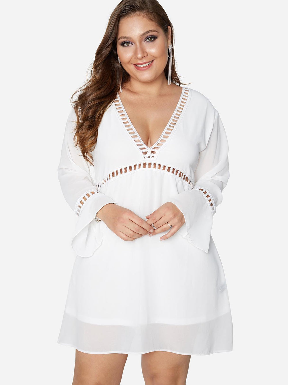 Plain Hollow Long Sleeve Ruffle Hem White Plus Size Dresses