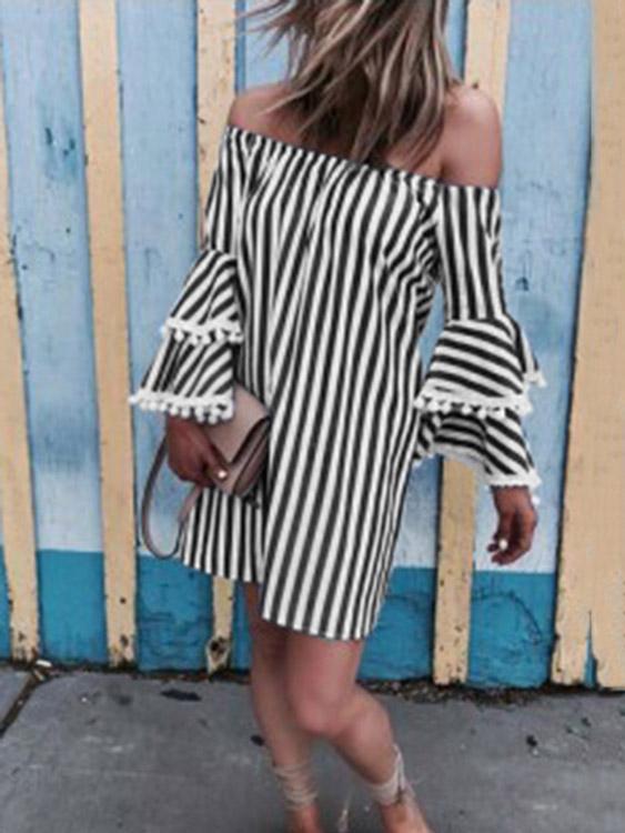 Black Off The Shoulder Long Sleeve Stripe Fashion Mini Dress