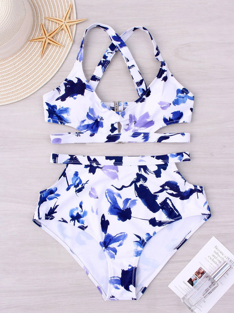 V-Neck Sleeveless Floral Print Cut Out High Waist Two Piece Bikinis