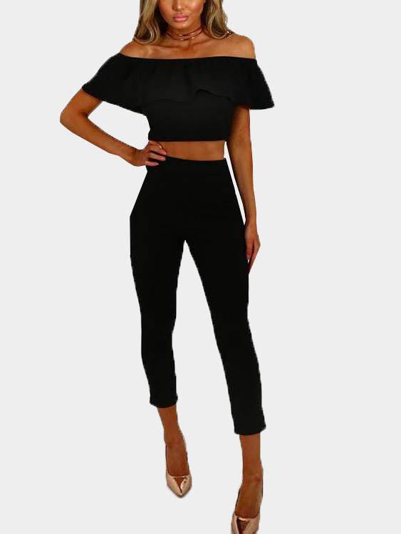 Off The Shoulder Tiered Short Sleeve Black Two Piece Outfits
