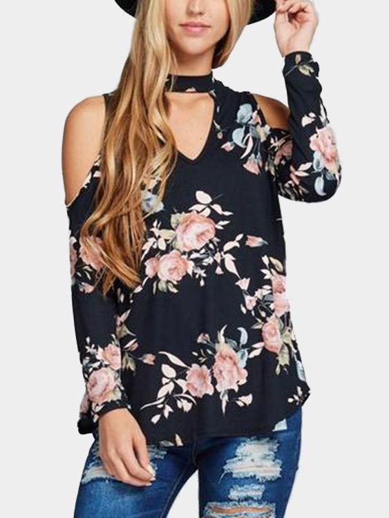Round Neck Cold Shoulder Floral Print Long Sleeve Black T-Shirts