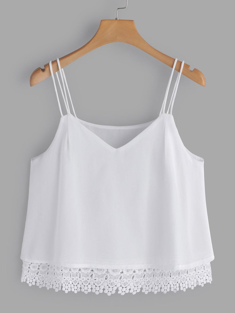 V-Neck Lace Spaghetti Strap Sleeveless White Camis