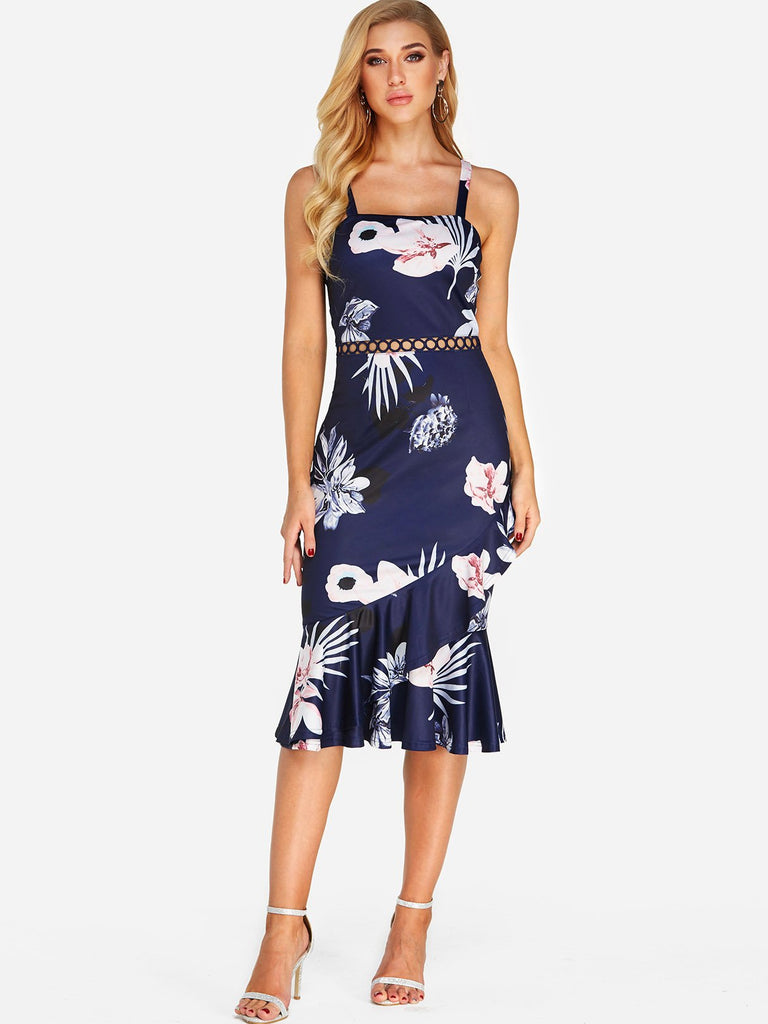 Navy Sleeveless Floral Print Hollow Dresses
