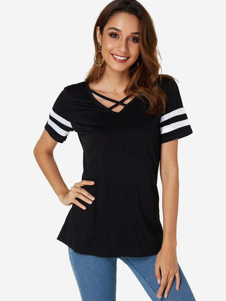 V-Neck Plain Crossed Front Short Sleeve T-Shirts