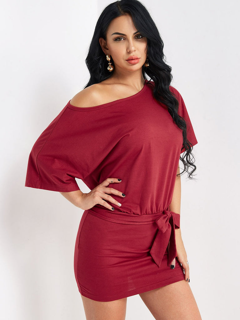 Burgundy One Shoulder Short Sleeve Self-Tie Bodycon Mini Dress