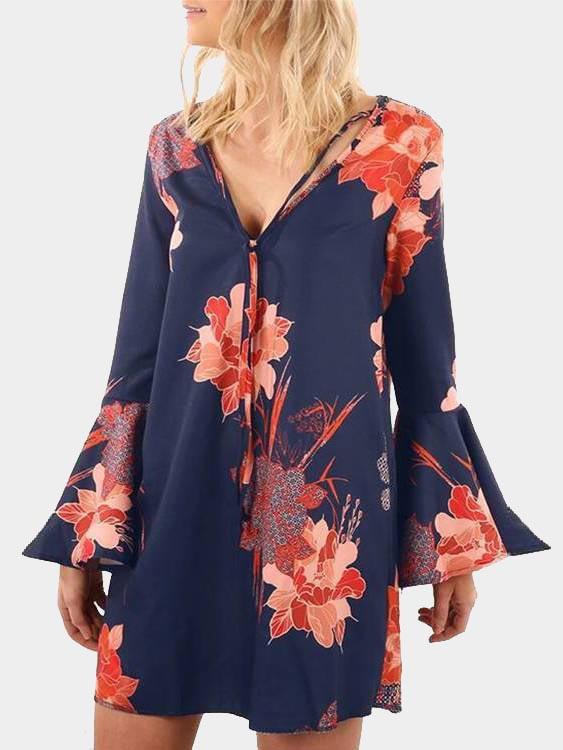 Navy V-Neck Long Sleeve Floral Print Lace-Up Dresses