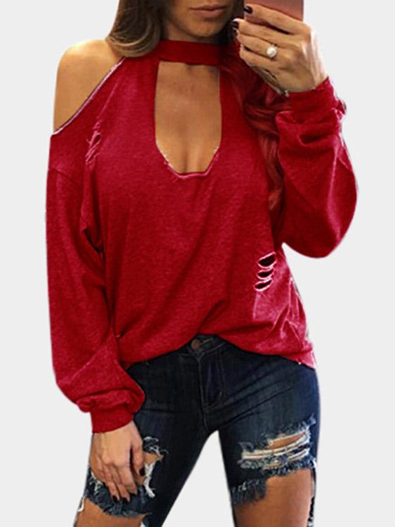 Cold Shoulder Cut Out Long Sleeve T-Shirts