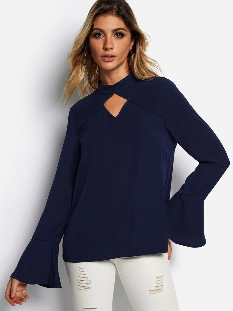 Plain Cut Out Long Sleeve Navy Blouses