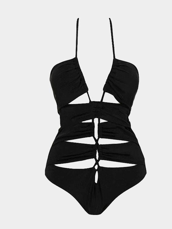 Black V-Neck Sleeveless Backless Cut Out One-Pieces