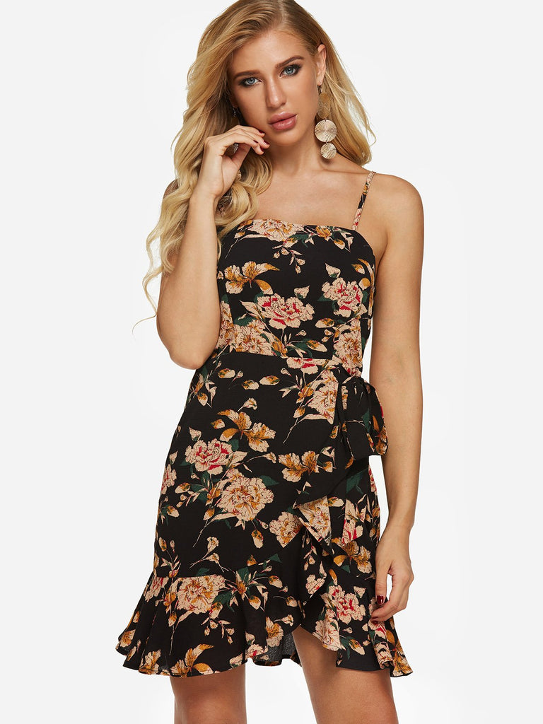 Black Sleeveless Floral Print Backless Self-Tie Flounced Hem Dresses