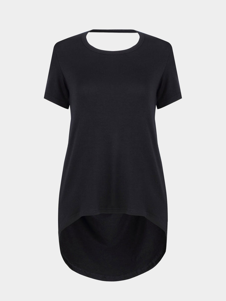 Crew Neck Backless Cut Out Black T-Shirts