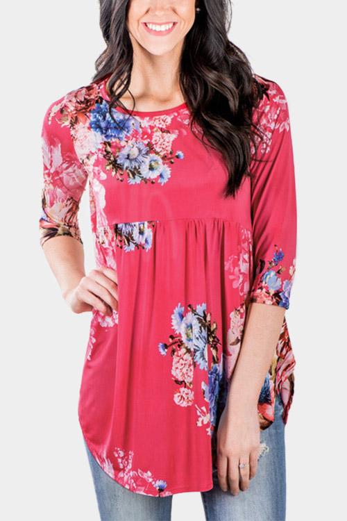 Round Neck Floral Print 3/4 Sleeve Curved Hem Red T-Shirts