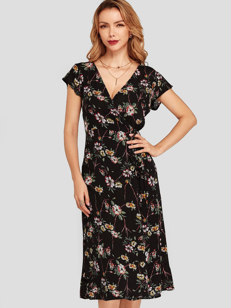 Black Crossed Collar Floral Print Wrap Dresses
