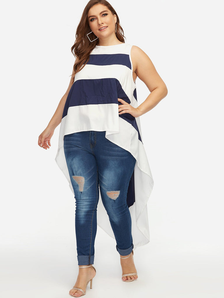 Round Neck Stripe Sleeveless High-Low Hem Plus Size Tops