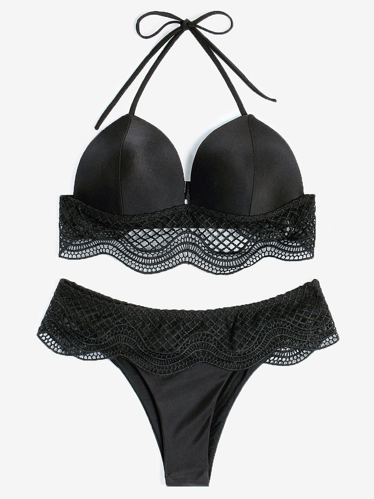 Black Halter V-Neck Sleeveless Plain Backless Hollow Lace-Up Spaghetti Strap Bikinis
