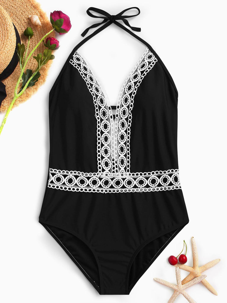 Deep V-Neck Sleeveless Plain Lace Backless Tie-Up One-Piece Swimsuit