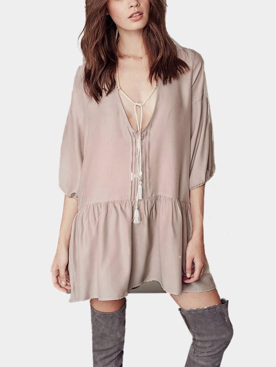 Cream V-Neck 3/4 Length Sleeve Tassel Ruffle Hem Casual Dress