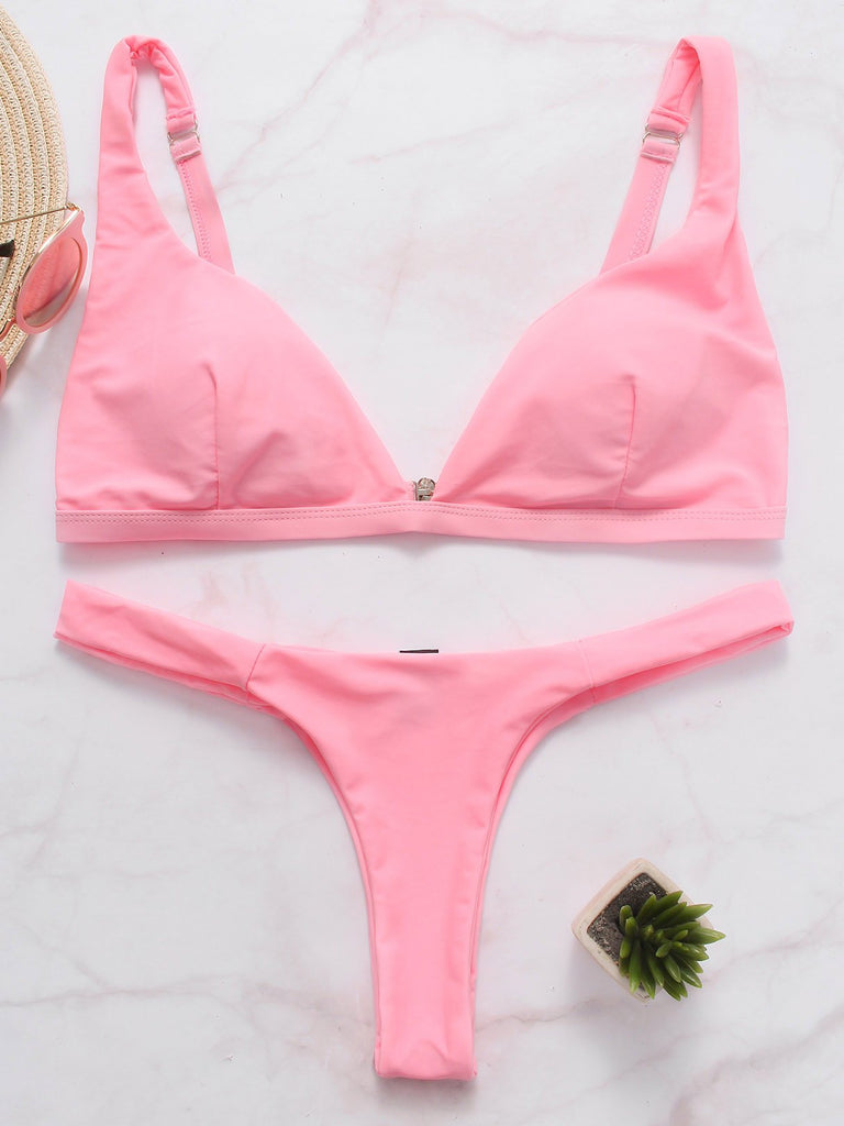 Pink V-Neck Sleeveless Plain Backless High Waist 2 Piece Bikinis