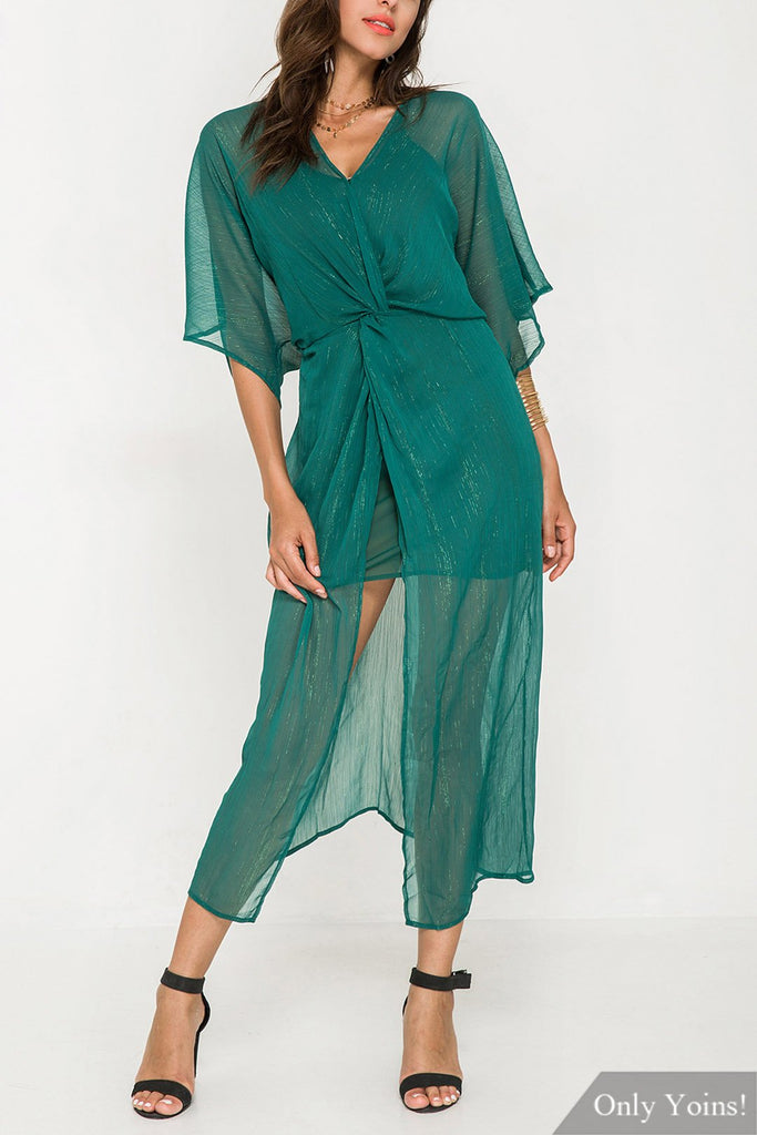 Green V-Neck Slit Hem Maxi Dress