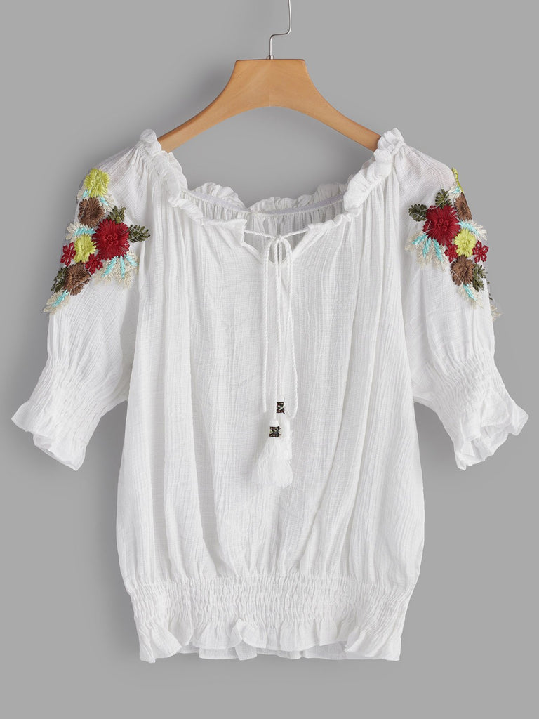 Off The Shoulder Embroidered Tassel Pleated Half Sleeve White Plus Size Tops