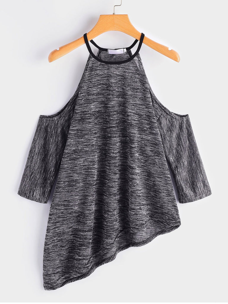 Cold Shoulder Plain Half Sleeve Irregular Hem Black Top