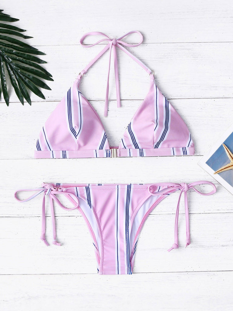 Pink Halter Sleeveless Stripe Two Piece Bikinis